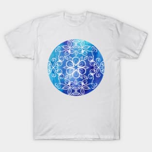 White Floral Painted Pattern on Blue Watercolor T-Shirt